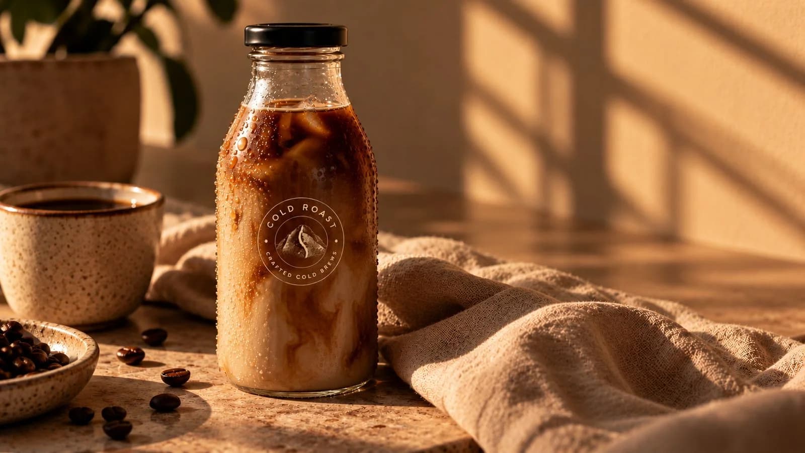 Botella de Cold Roast Classic Latte con hielo sobre una mesa, con luz de tarde