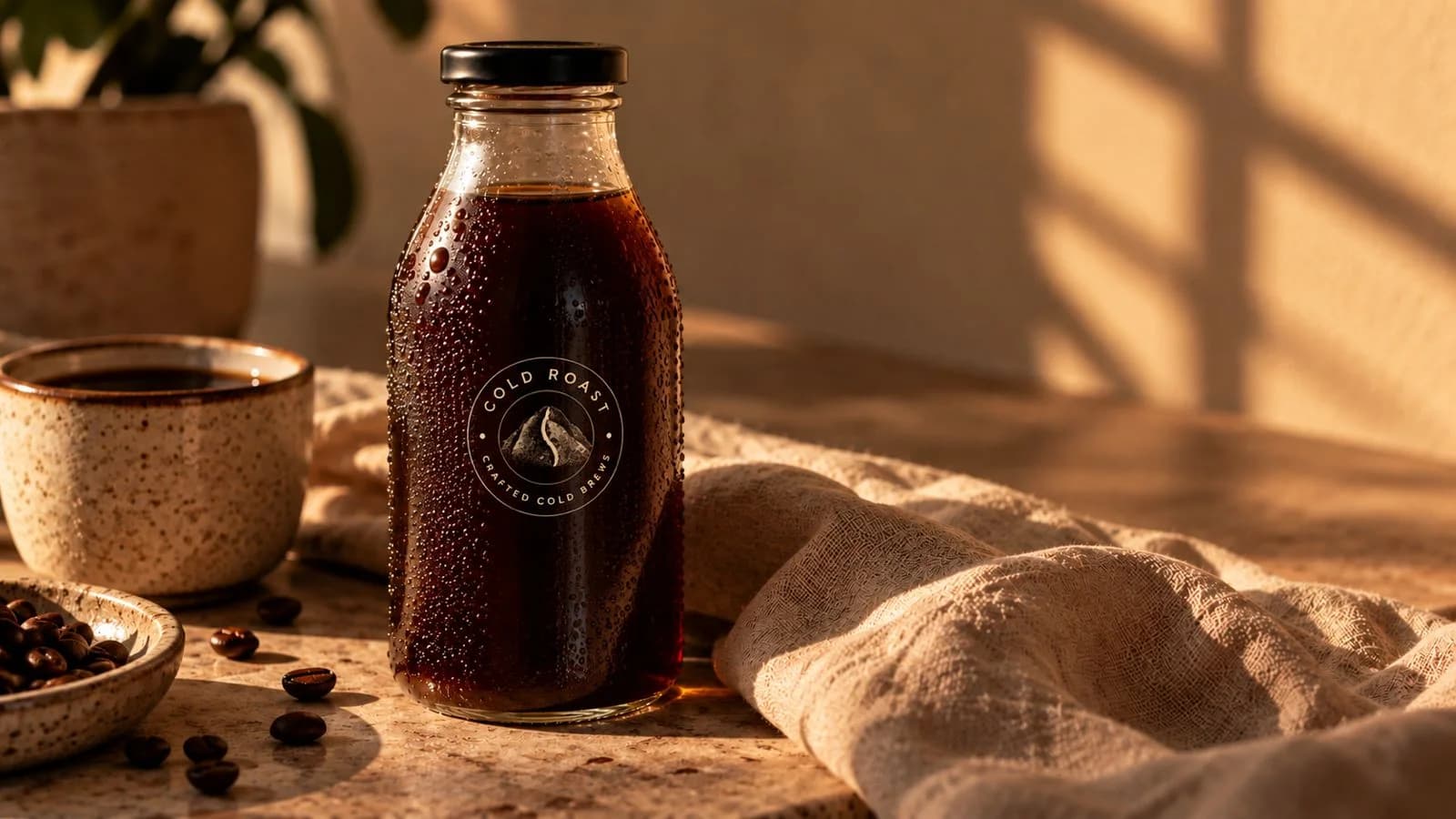 Botella de Cold Roast The Pure Black con condensación, junto a una taza de cerámica y granos de café